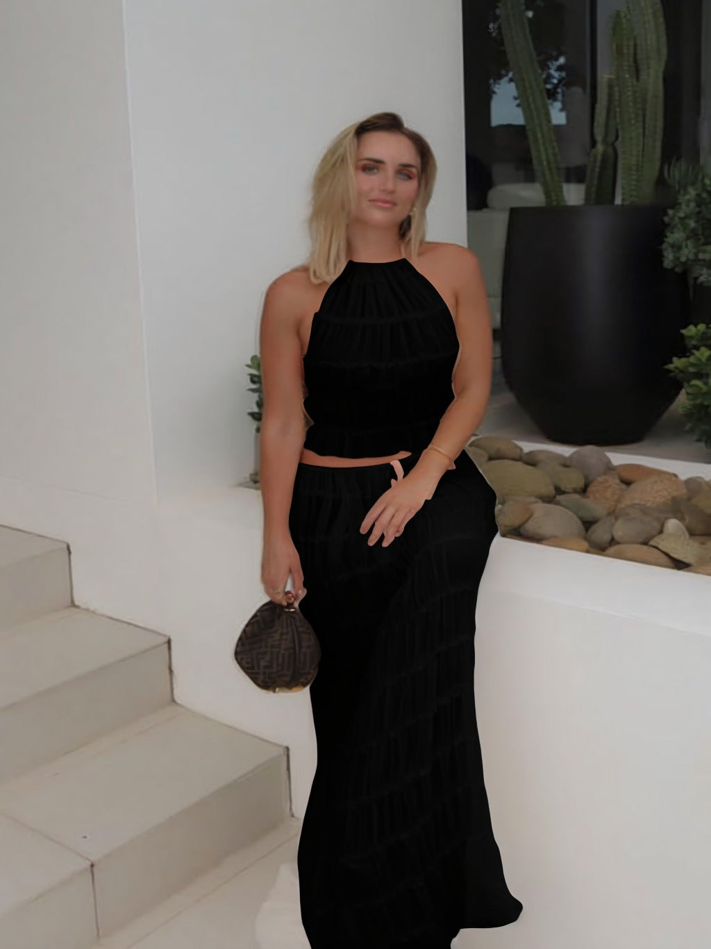 Backless Halter Lace-up Pleated Dress Lace Vest Suit